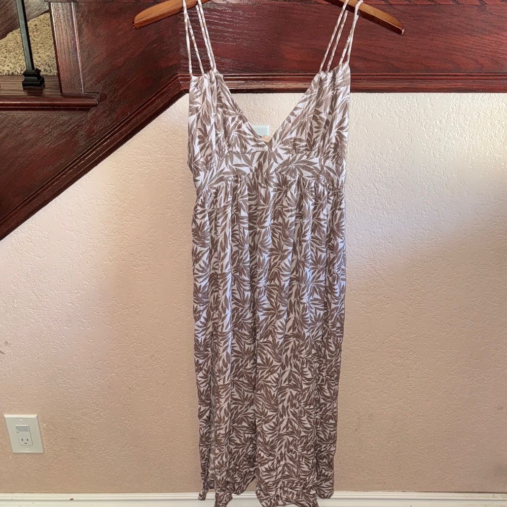 Blush BJ Women’s Size Large Brown and White Tropical Leaf Patterned Midi Dress